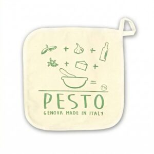 Presina bianca con stampa verde con i simboli degli ingredienti per fare il pesto genovese al mortaio.