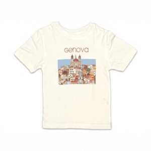 Maglietta da bambino mezze maniche 100% cotone bianca con stampa colorata dedicata alla collina e alla basilica di Carignano, luogo simbolo di Genova