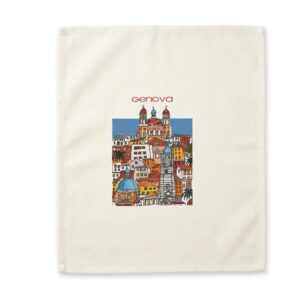 Canovaccio serie "Amaranta" bianca con stampa colorata dedicata al quartiere di Carignano, luogo simbolo di Genova.