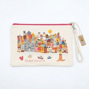 Pochette serie "Amaranta" bianca con stampa colorata dedicata alla Lanterna, luogo simbolo di Genova.