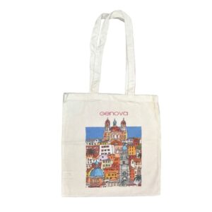 Shopper bianca 100% cotone con manici lunghi e stampa dedicata al quartiere di Carignano, luogo simbolo di Genova.