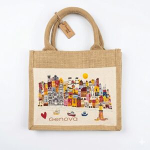 Shopper piccola in juta con tasca esterna e stampa dedicata alla Lanterna, luogo simbolo di Genova.