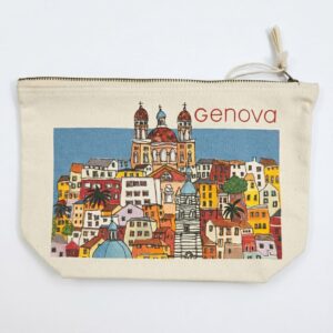 Trousse da cucina serie "Amaranta" bianca con stampa colorata dedicata al quartiere di Carignano, luogo simbolo di Genova.