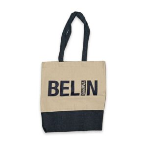 Borsa shopper - tote bag - in tela color crema e base denim con la famosa espressione genovese BELIN