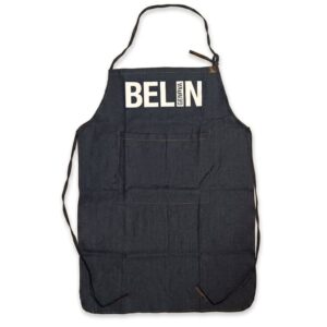 Grembiule da cucina in jeans con tasca a marsupio e la famosa espressione genovese BELIN. Vestibilità regolabile
